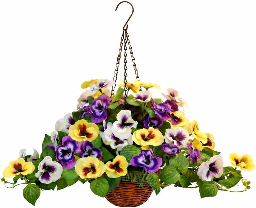 Geegoods Fully Assembled Artificial Pansy Hanging Basket - Waterproof & UV Resistant Realistic Outdoor Fake Flowers, Ready to Hang Decor for Porch, Patio, Balcony, 1 Pack