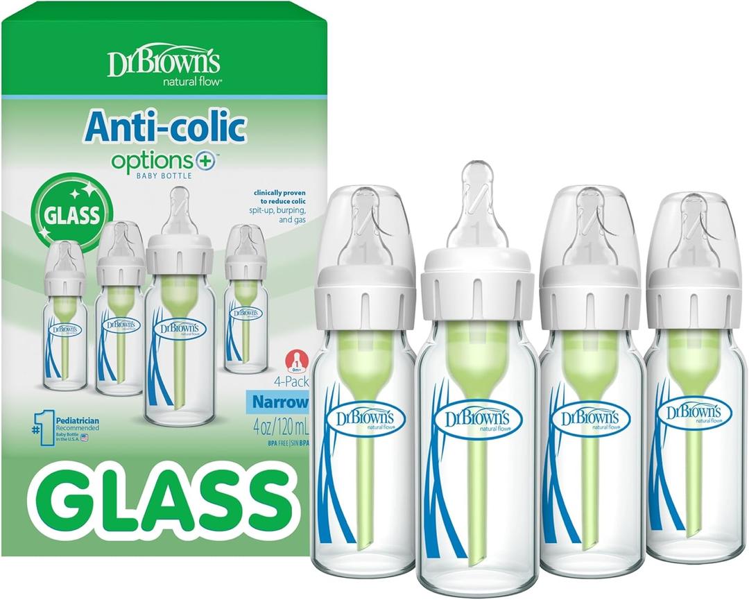 Dr. Brown's Anti-Colic Options+ Narrow Glass Baby Bottle with Level 1 Slow Flow Nipple, BPA-Free, 4 oz/120mL, 4-Pack