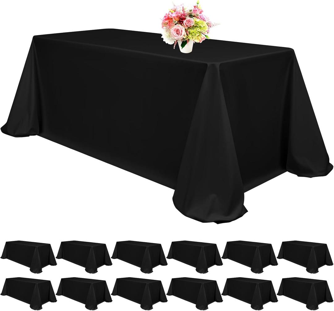 12 Pack Black Tablecloths for 8ft Rectangle Tables 90 x 132 Inch - Polyester Table Cover Stain and Wrinkle Resistant Washable Fabric Table Clothes for Wedding Party Banquet Reception Restaurant