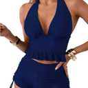 OYOANGLE Women's 2 Piece Tankini Set Two Piece Ruffle Bathing Suits Ruched Halter Swimsuits with Shorts (Large, Deep Blue)