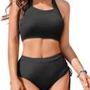 AI'MAGE Womens High Waisted Bikini Sets Cheeky Push Up Two Piece Swimsuits Drawstring Halter Tummy Control Bathing Suit Black Large