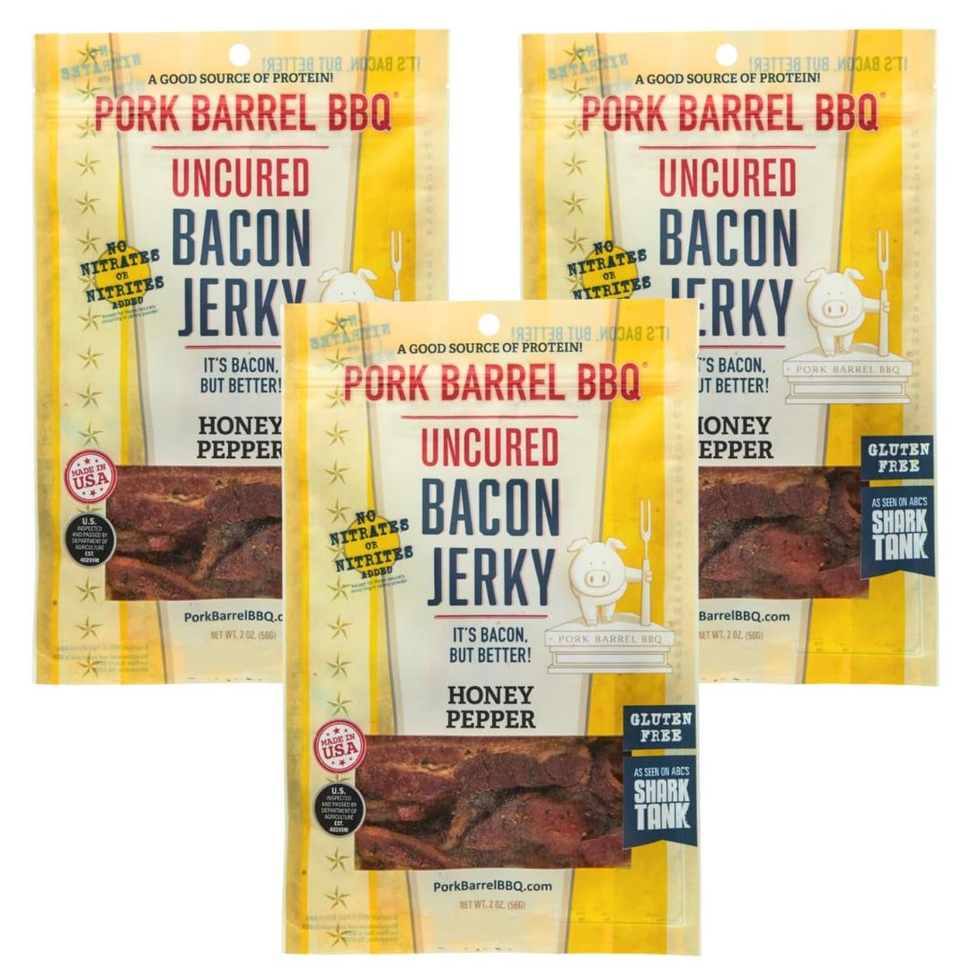 Pork Barrel BBQ Honey Pepper Bacon Jerky - Uncured Snacks, Slow Cooked Bacon, Nitrate and Nitrite Free, Gluten Free Protein Snack, 2 oz - Pack of 3
