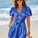 Cicy Bell Womens Cute Rompers Bow Front Puff Sleeve V Neck Short Jumpsuits Sexy Summer Outfits with Pockets (Blue)