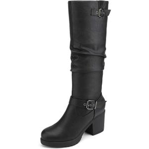 DREAM PAIRS Women's Chunky Heel Knee High Boots Side Zipper Round Toe Boots with Faux Fur Lining (9.5, Black)