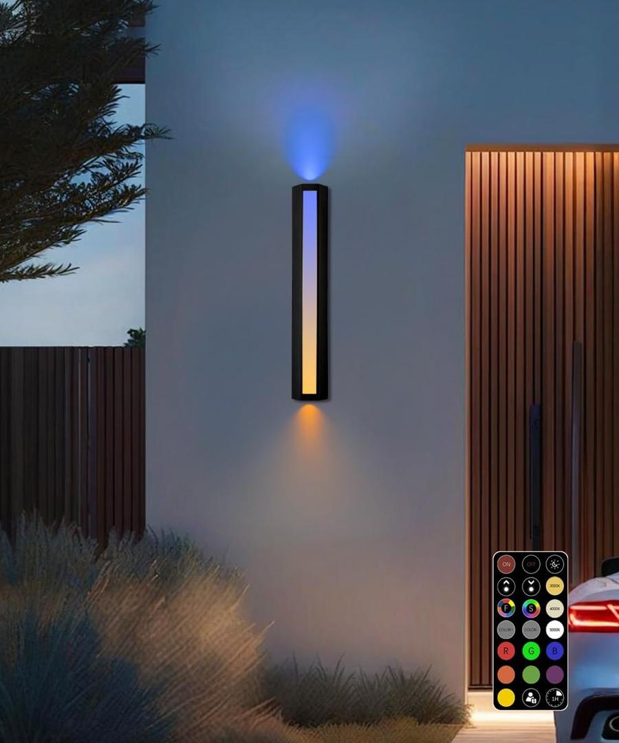 RGB Outdoor Wall Lights, 23.6 LED Long Exterior Porch Sconce Lights Wall Mount, Up and Down Patio Lighting Fixtures with Remote Control, for House, Garage, 1 Pack