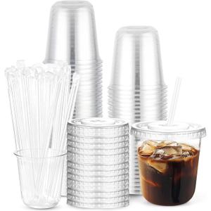 12 oz Clear Plastic Cups with Lids and Straws, Disposable Plastic Coffee Cups with Lids for Iced Coffee, Cold Beverages, Smoothies, Coffee Shops, TO-GO Drinking, Party, Christmas, 50 Sets