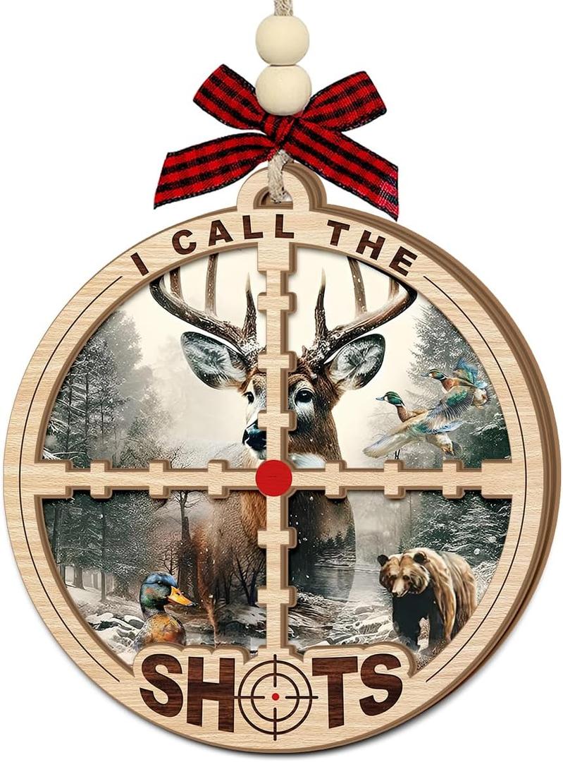 4 x Hunting Christmas Ornament 2025 - Deer Hunting Ornament for Christmas Tree - Deer Gifts for Hunters, Dad, Husband, Brother - Two-Layer Wooden Ornament Hanging Decoration, Outdoor Gift Ideas