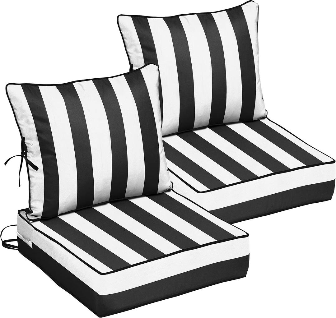 24x24 Outdoor Chair Cushions 2 Set, Waterproof Deep Seat Cushions for Patio Furniture with Removable Cover, Fade Resistant 4'' Outdoor Seat Cushion w/ Ties Handle for Sofa Couch,Black White Stripes