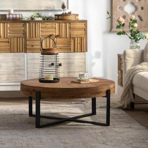 31.29" Modern Retro Splicing Round Coffee Table,Fir Wood Table Top with Black Cross Legs Base