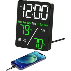 Digital LED Alarm Clock with Thermo-Hygrometer,Dual Alarms,Snooze,Date & Year Display,12/24 Hour Switch,Weekdays,DST,Auto Dimmable with 3 Brightness Levels,USB Output (5V1A), White+Green Digits 