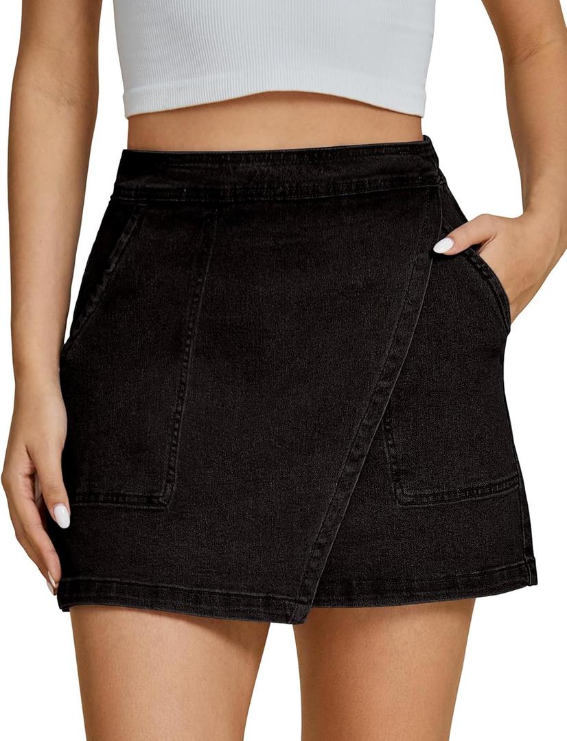 luvamia Jean Skirts for Women Denim Mini Trendy High Waisted Stretchy Asymmetrical Faux Wrap Short Skirt with Pockets (Large, Washed Black)