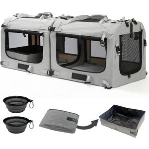 Extra Large Cat Carrier Soft Sided, Portable Small Dog Carrier for 2 Cats, 24"x16.5"x16" Car Travel Folding Comfortable Design with Litter Box and Bowls, Grey-2+ Litter Box+ Bowl*2