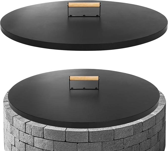 G GOOD GAIN Firepit Lid Round 30 Inch, Rust Resistant Fire Pit Lid Cover Fire Pit Snuffer Lid with Wooden Handle & Gloves for Courtyards, Patio, Winter Cold Protection, Fits Fire Pits Up to 28"
