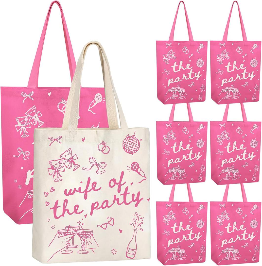 Shinylin 8 Pcs Wife of the Party Bachelorette Tote Bags Pink Coquette Disco Reusable Canvas Bags for Bachelorette Bride Bridesmaid Gift Bridal Shower Party Decorations Favors Wedding Favor Supplies