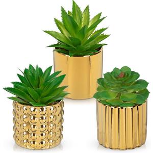 Briful Succulents Plants Artificial in Gold Ceramic Pots (Set of 3), Small Fake Plants for Home Office Desk Decor  Modern Mini Potted Succulents for Bathroom, Bedroom, Living Room Table, Shelf