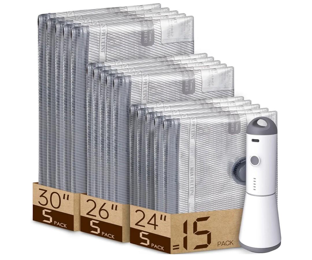 Vacuum Bags for Travel with Rechargeable air Pump, Carry-on Size Compression Packing Bags for Luggage and Suitcase, Space Saver for Clothes and Clothing 15 Combo Travel Size