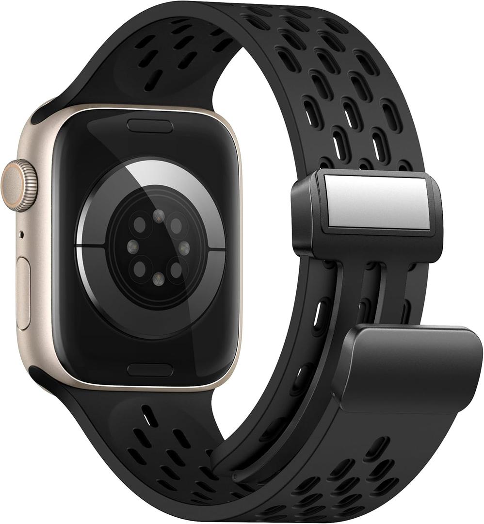 Magnetic Anti Sweat Sport Band/Strap for Apple Watch, Waterproof Breathable Silicone Correas. Para Compatible with iWatch Ultra SE Series 11/10/9/8/7/6/5/4/3/2/1,For Women Men, 38mm 40mm 41mm 42mm Black