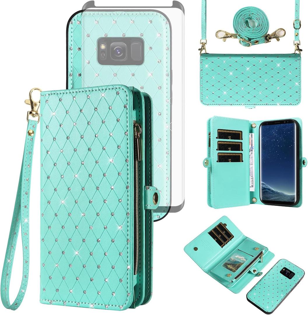 Asuwish Phone Case for Samsung Galaxy S8 Zipper Wallet Detachable Cell Cover with Tempered Glass Screen Protector Crossbody Lanyard Strap Glitter Flip Card Holder Slot S 8 8S Edge SM-G950U Women Teal (Green)