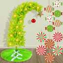 Hollowfly 3 ft Whimsical Christmas Tree Set Christmas Trees and Ornament Set Artificial Tree with Lights Xmas Green Fur Skirt Xmas Tree Topper Red Xmas Ball Candy Ornaments for Xmas Holiday