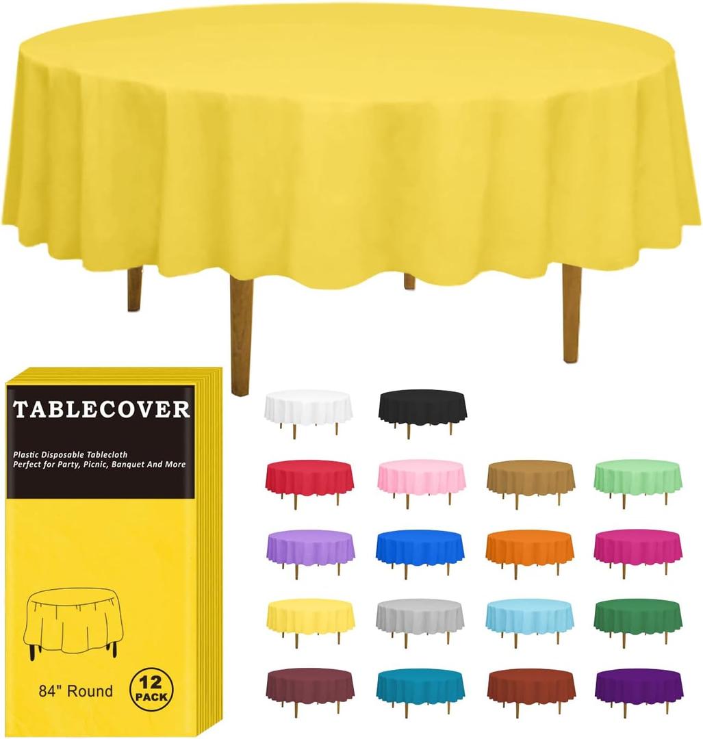 D&Z Plastic Tablecloth Disposable, 12 Pack Yellow Table Cloth Individually Wrapped for Indoor&Outdoor, On-The-Go 84 Table Cover for Round Table Ideal for Party, Birthday, Wedding and Dinner