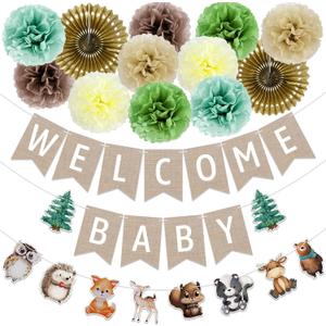 Woodland Baby Shower Decorations, 14Pcs Forest Animals Party Set with Welcome Baby Banners Paper Flowers Pom Poms for Boys Girls, Woodland Creatures Indoor & Outdoor Celebrations