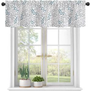 Curtain Valances, Gray Blue Branches Leaves Semi Sheer Kitchen Windows Valances, Rod Pocket Short Window Treatment Light Filtering Decor Valances for Kitchen Living Room Bedroom Windows - 54"x18"