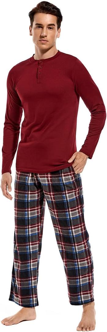 DG Hill Pajama Pants Men - Flannel Pajama Pants Fleece PJS Sets Cotton Top - Men's Pajama Set PJ Sleep Pant Loungewear Sets (Large, Maroon Multi Plaid)