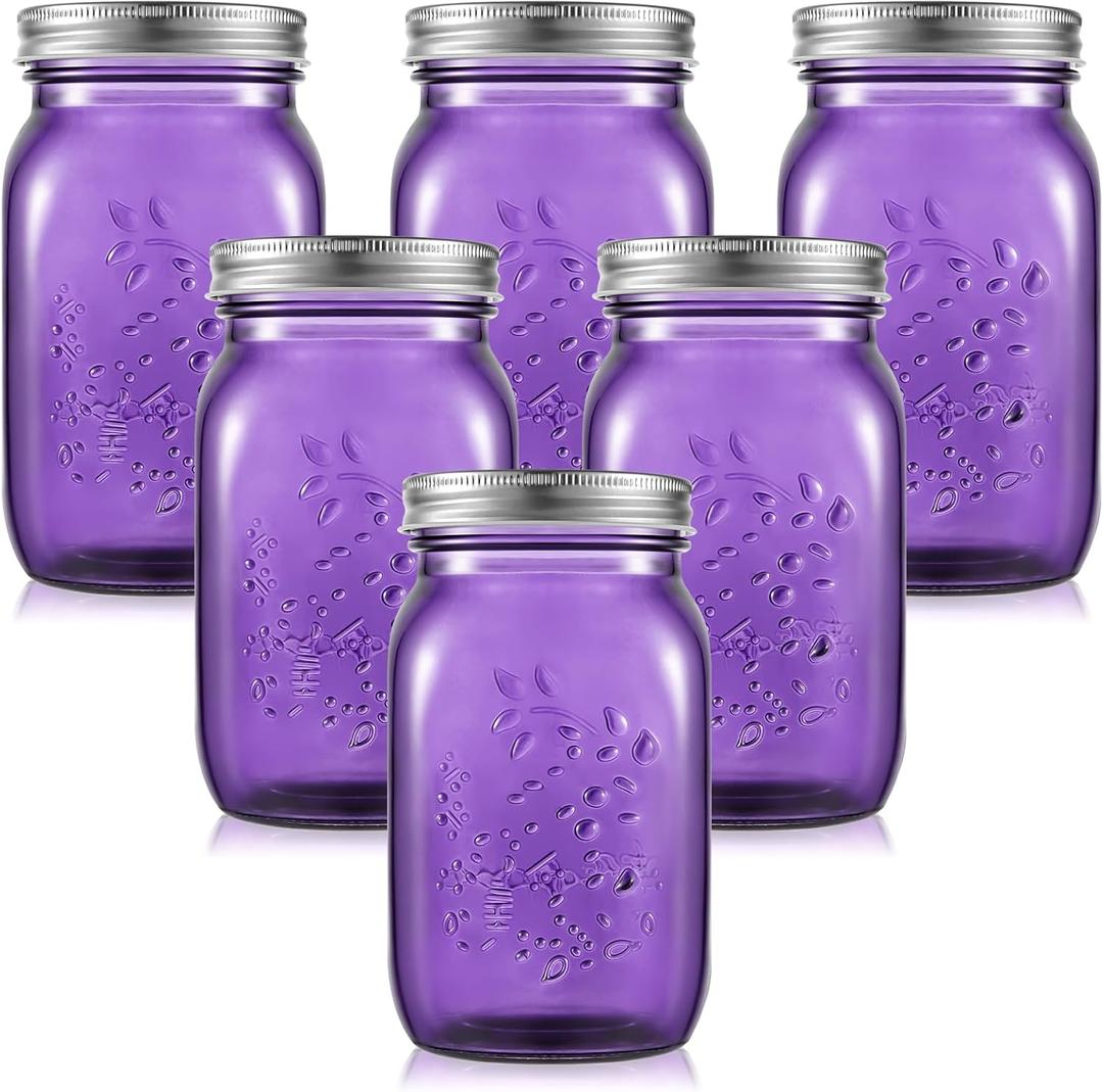 Tessco 6 Pcs 16 oz Colored Mason Jars with Lids Regular Mouth Glass Canning Jar for DIY Crafts Flower Decor, Storage, Canning, Pickling, Preserving, Fermenting (Purple)