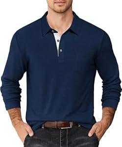 COOFANDY Men's Casual Polo Shirt Long Sleeve Classic Plaid Button Tshirt with Pockets Slim Fit Fashion Work Shirt Blue M