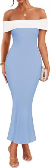 ZESICA Women's 2025 Summer Off The Shoulder Ribbed Knit Sweater Dresses Sleeveless Color Block Party Bodycon Maxi Dress, Sky, M