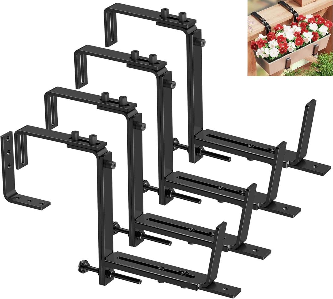Y&M 4 Pcs Deck Railing Adjustable Planter Box Brackets (6 to 12.5 in), Universal Window Box Brackets, Heavy Duty Iron Flower Box Wall Mounting Hooks for Balcony, Fences, Patio, and Garden - Black