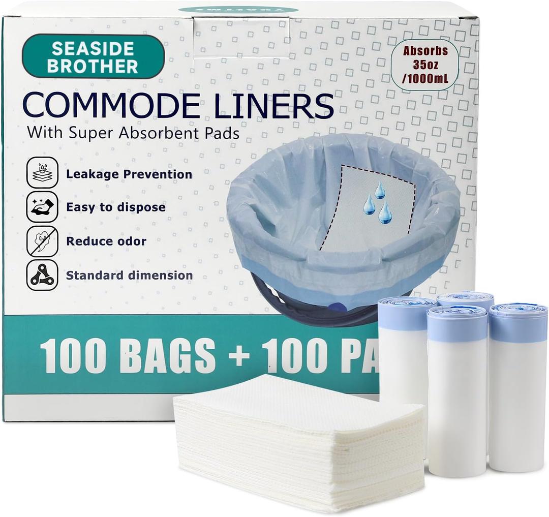 Commode Liners with Absorbent Pads, 100 Bedside Commode Liners and 100 Commode Pads, Portable Toilet Liners, Disposable Commode Bags Universal Fit All Standard Toilet Chair Bucket