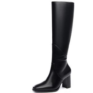 Coutgo Womens Knee High Boots Square Toe Chunky Block Heel Side Zipper Faux Suede Long Boots Fall Winter Shoes (8, Cool Black)