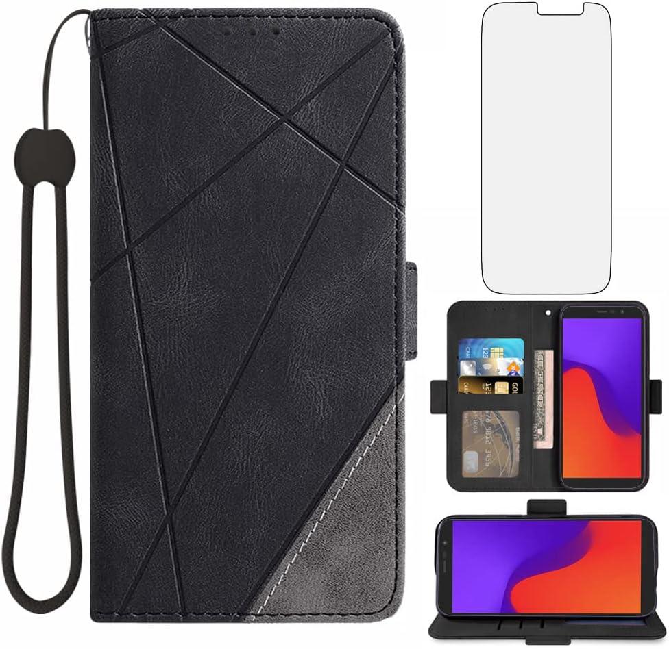 Asuwish Compatible with Tracfone BLU View 2 B130DL Wallet Case and Tempered Glass Screen Protector Flip Card Holder Stand Cell Accessories Phone Cover for BLUE View2 BLUView Two 4G LTE Women Men Black