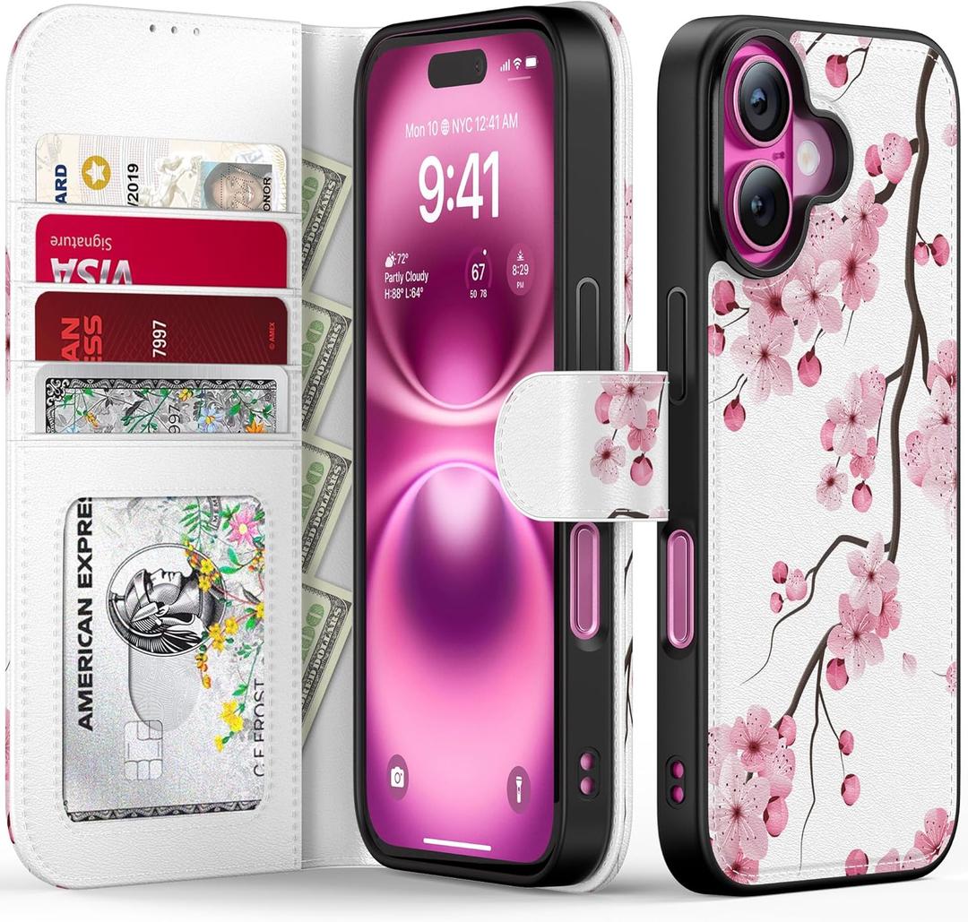 FUNMIKO for iPhone 16 Plus Case Wallet,Detachable Flip Folio Leather Cover,RFID Blocking 4 Card Slots Holder,Magnetic Kickstand,Protective Phone Shell for Women Girls,Elegant Cherry