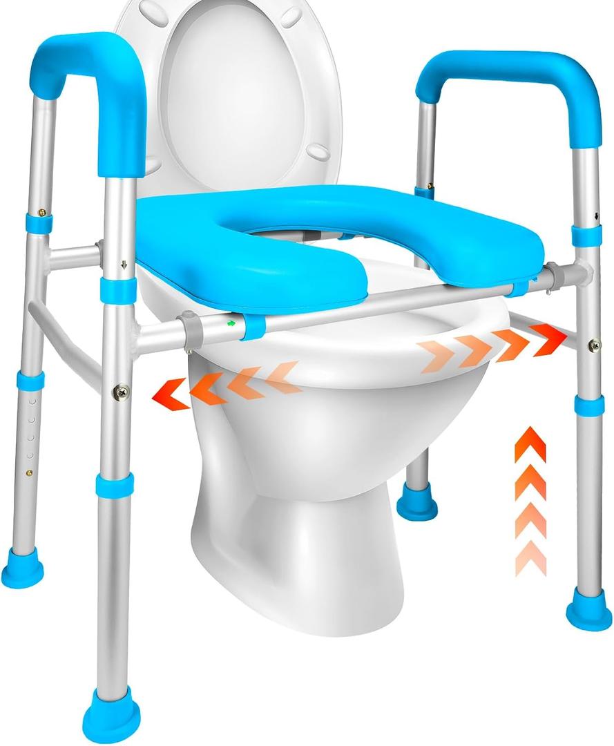 Gillion Raised Toilet Seat with Handles, Width & Height Adjustable Heavy Duty 400lb Medical Safety Frame, Bathroom Assist Toilet Seat Raiser for Seniors, Handicap, Disabled, Pregnant (Blue)