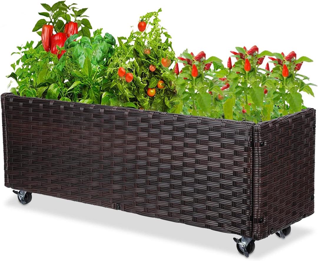 Raised Garden Bed - Garden Planters Box with Wheels, Rattan Patio Raised Beds for Gardening, Indoor Outdoor Planters 3.1FT Save Space