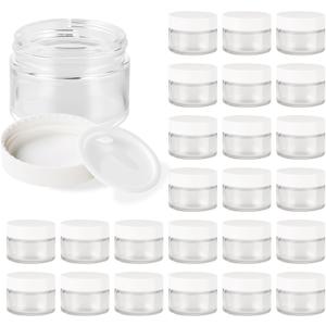 1oz Glass Jar with Lid, Hoa Kinh 25Pack Clear Round Containers Cosmetic Glass Jars with Inner Liners and White Lids Travel Jars for Storing Lip and Body Scrub, Lotion, Body Butter, Bath Salts, Liquid