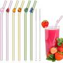 6 Pcs Glass Straws with Design Reusable Cute Fruit Drinking Straws 7.9in x 8mm Colorful Party Favors Decorations with 2 Cleaning Brushes for Summer Beach Birthday(Bent)