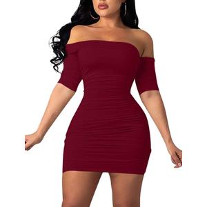 GOBLES Women's Summer Short Sleeve Sexy Bodycon Ruched Mini Party Dress (Winered), Size L