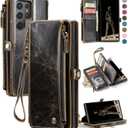 Defencase for Galaxy S25 Ultra Case Wallet with RFID Blocking Card Holder for Women Men, PU Leather Magnetic Snap Flip Wrist Strap Zipper Wallet Phone Cases for Samsung Galaxy S25 Ultra 6.9", Coffee