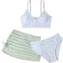 QJQ Girl's 3 Piece Floral Swimsuit Cute V Neck Bikini Set High Waisted Bathing Suit Sheer Mesh Cover Up Skirt (Green 1, 8 Years)