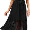 BTFBM Women Summer Bohemian Floral Casual Wrap V Neck Ruffle Cap Sleeveless Belt A-Line Pleated Hem Midi Sun Dress White (Swiss Dot Black), Small