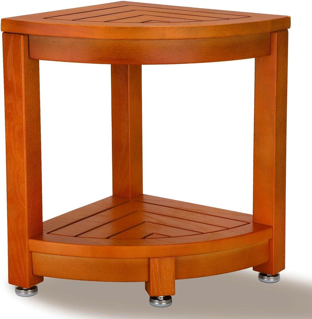 Corner Shower Stool for Inside Shower, Teak Shower Bench with Storage Shelf, Shower Shaving Foot Rest with Adjustable Feet,Easy Assembly,Bathroom Small Place