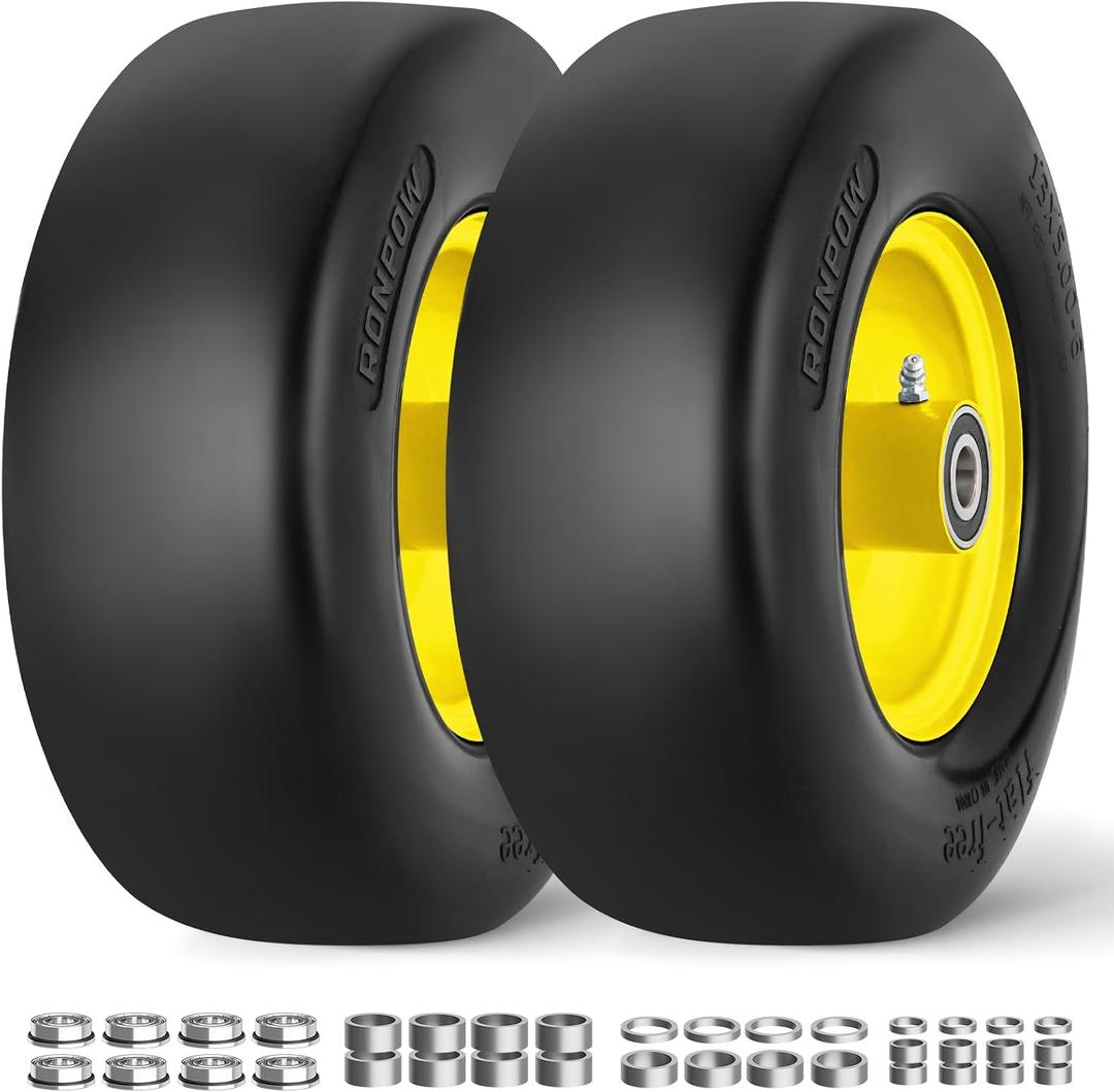 RONPOW 13x5.00-6 Flat Free Lawn Mower Tire and Wheel, 13x5x6 Solid Front Tires for Zero Turn Mower, 500Lbs Load, 3/4", 5/8", 1/2" Bearings, 4.33"-6.73" Hub Compatible with john deere, 2Pack Yellow