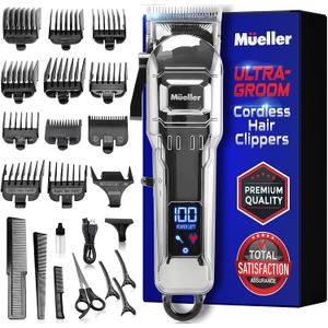 Mueller Ultragroom Hair Clipper & Trimmer, Professional Colored Haircutting Kit, designed for both Men and Women, 12 Guide Combs, Trimmer for Hair, Beards, Head, Body, and Face