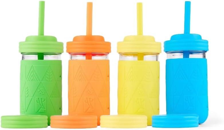 Elk and Friends Kids + Toddler Glass Cups | The Original 12oz Glass Mason Jar with Sleeves + Lids | Silicone Straws + Stopper | Smoothie Cup | Food Storage | Spill Resistant | Dishwasher Safe | 4 Pack (Blue/Orange/Green/Yellow)