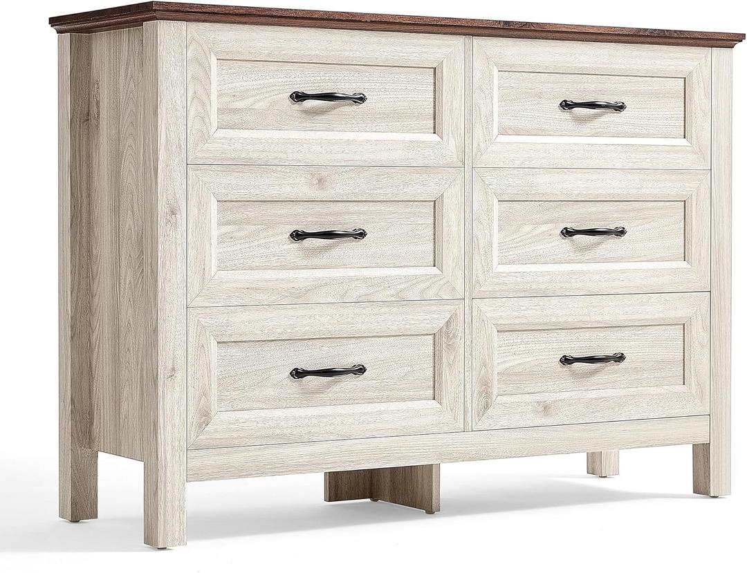 LINSY HOME Dresser for Bedroom with 6 Drawers, Wide Chest of Deep Drawers with Metal Handle, Wooden Bedroom Dresser with Storage Organizer for Closet, Living Room, Hallway, Beige (15.7"D x 47.3"W x 33.4"H (6 Drawers))