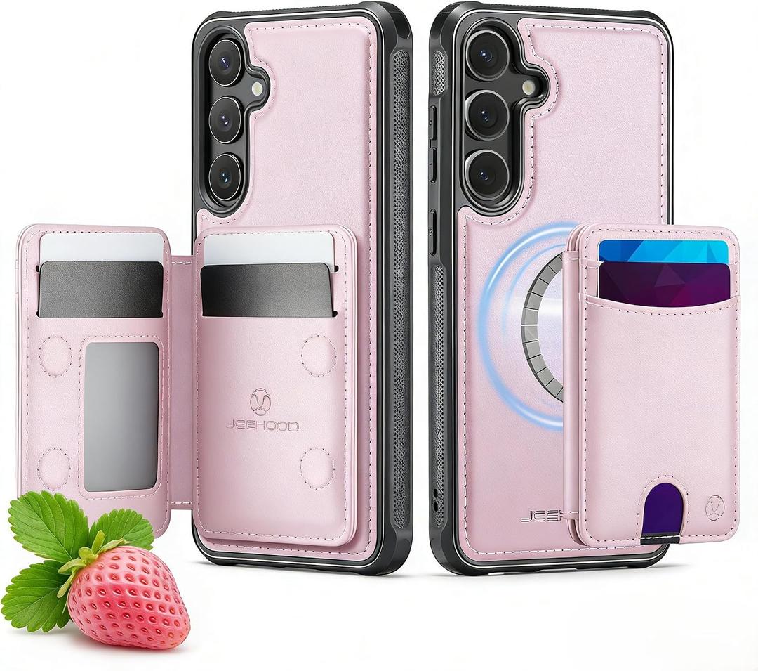 for Samsung Galaxy S24 FE MagSafe Wallet Case, 2-in-1 Detachable Luxury Card Holder, Universal MagSafe Compatible, RFID Blocking, Shockproof Kickstand Slim Cover，Strawberry Pink