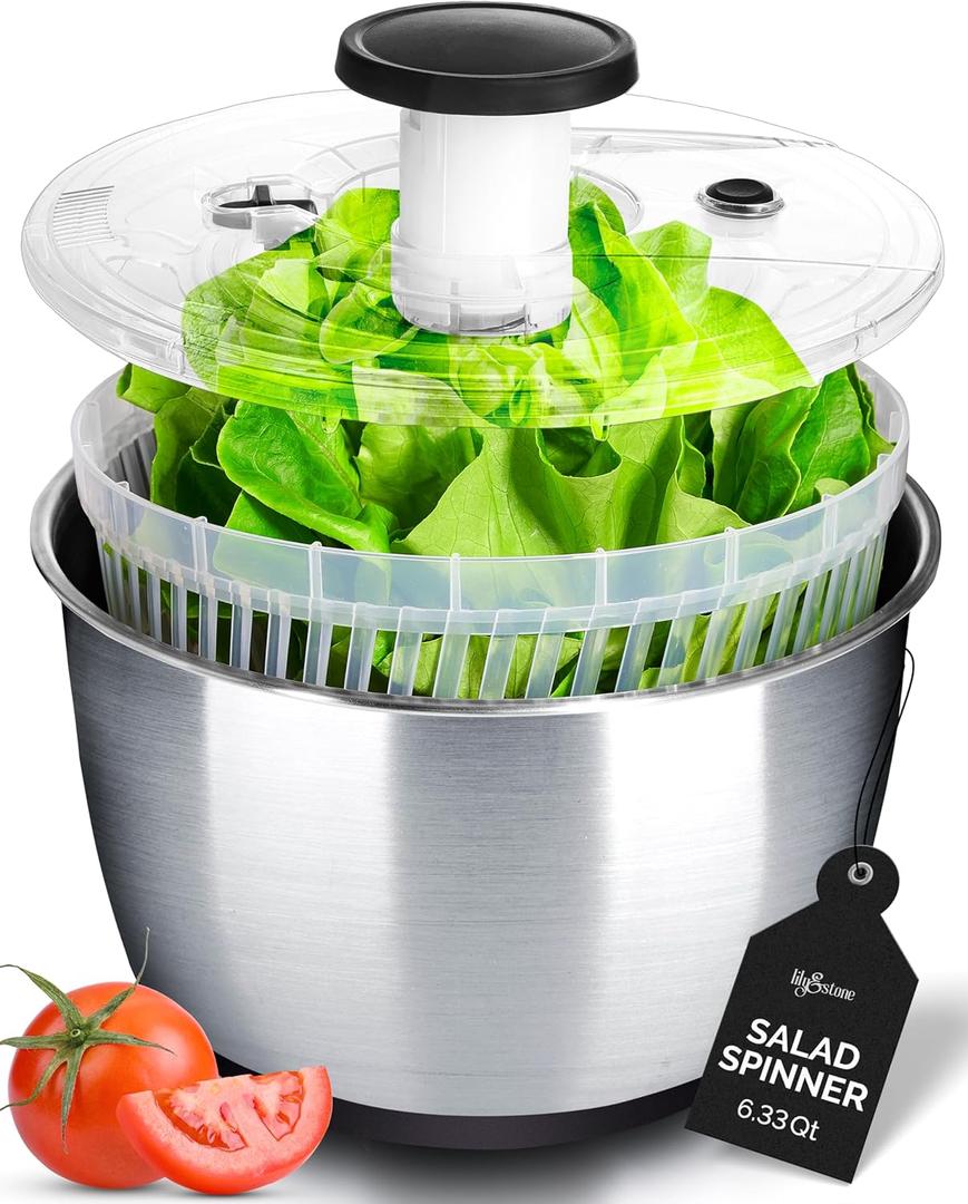 lily&stone Large Stainless Steel Pump Salad Spinner with Drain, Bowl, and Colander - Quick and Easy Multi-Use Lettuce Spinner, Vegetable Dryer, Fruit Washer, Pasta and Fries Spinner - 6.33 Qt (Clear)